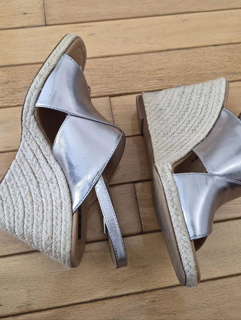 Zara TRF Metallic Silver Espadrille Wedge 37 Sandals Slingback Platform Mrtallic - Picture 3 of 15